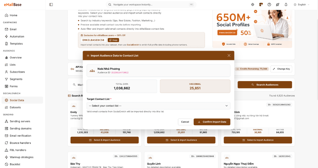 SocialEnrich Data interface inside eMailBase