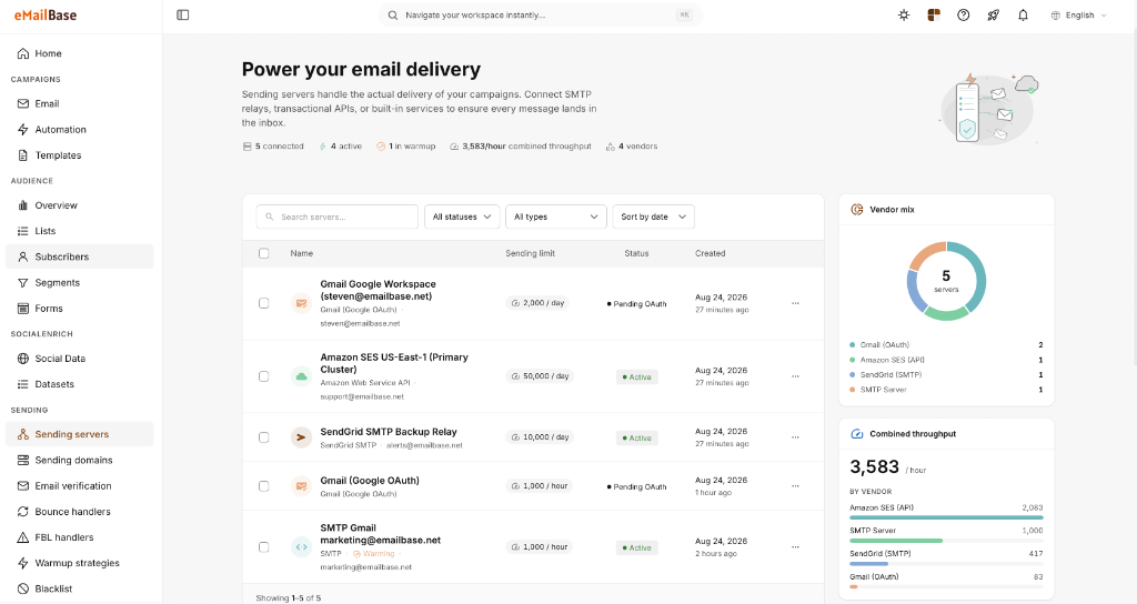 Cấu hình danh sách sending servers trong eMailBase