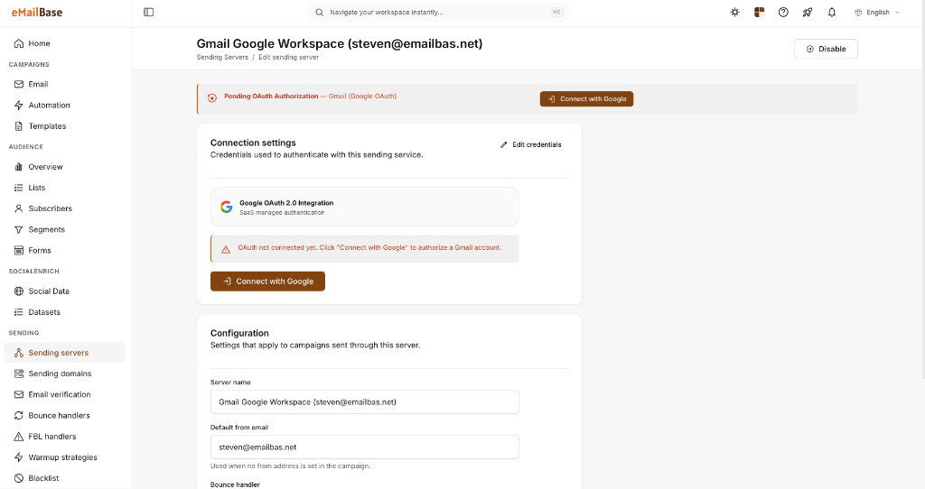 Kết nối tài khoản Gmail OAuth trong eMailBase