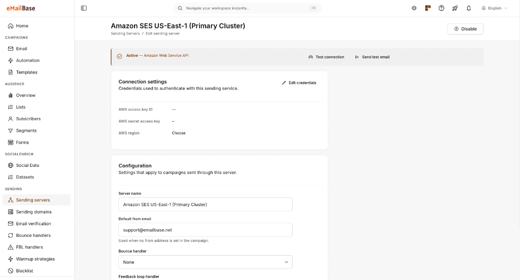 Kết nối tài khoản Amazon SES vào eMailBase