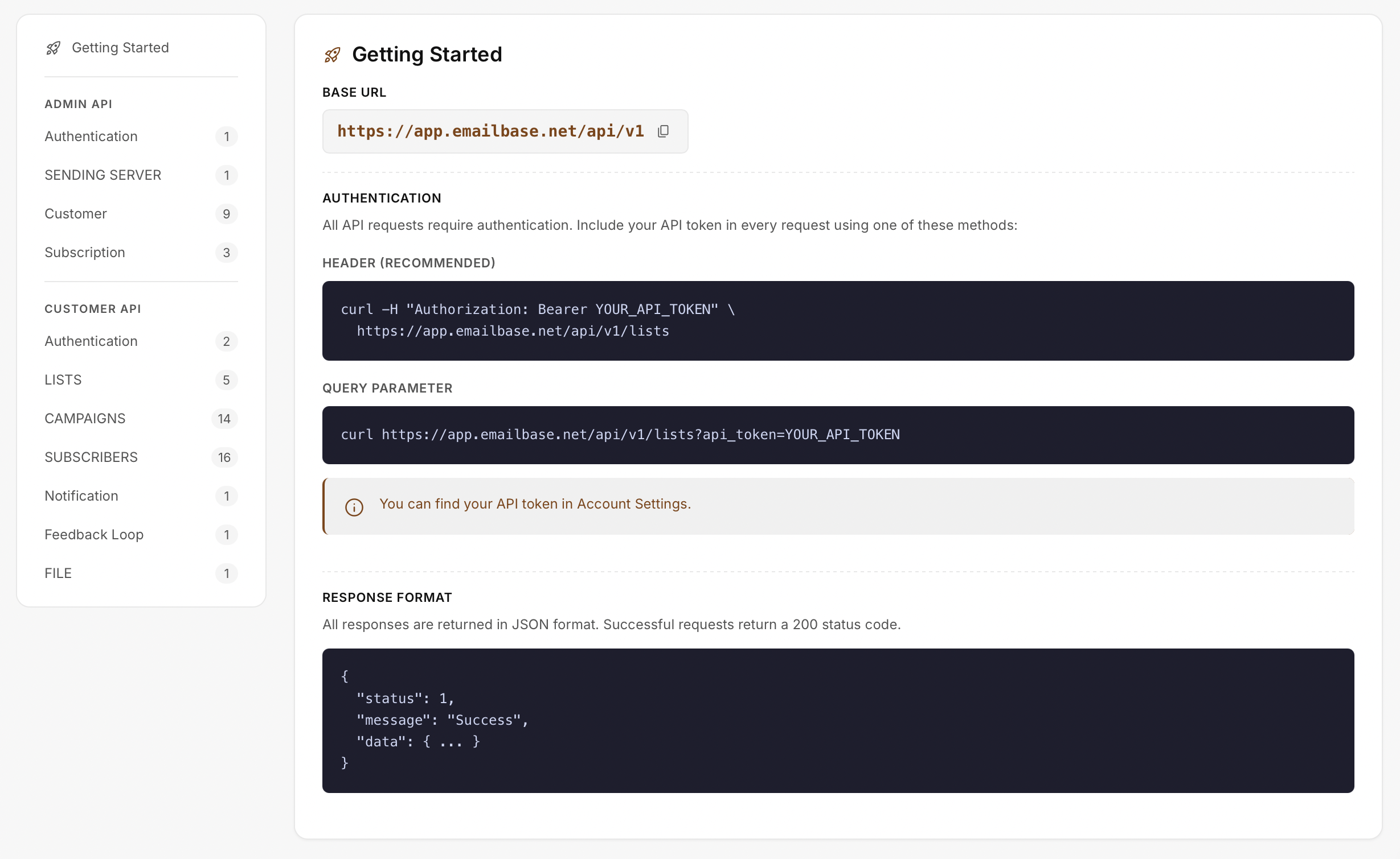eMailBase REST API documentation with authentication and response guidance
